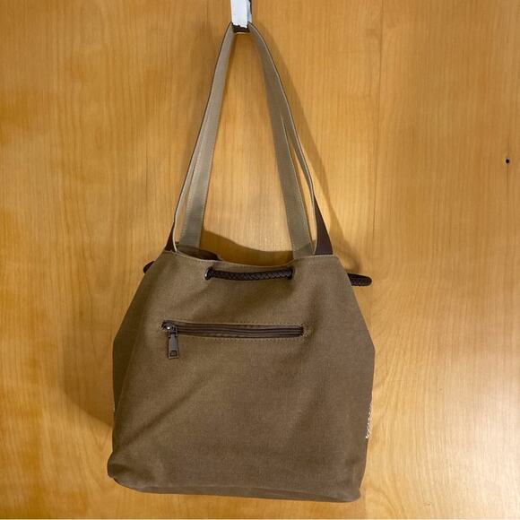 Ella & Elly Brown Canvas Drawstring Shoulder Bag with Floral Motif - Picture 9 of 9